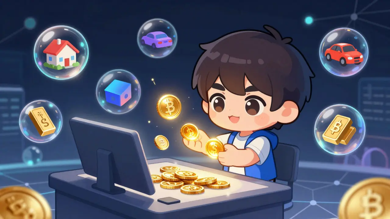 Chibi character swapping crypto tokens near floating real-world asset icons in a futuristic interface.
