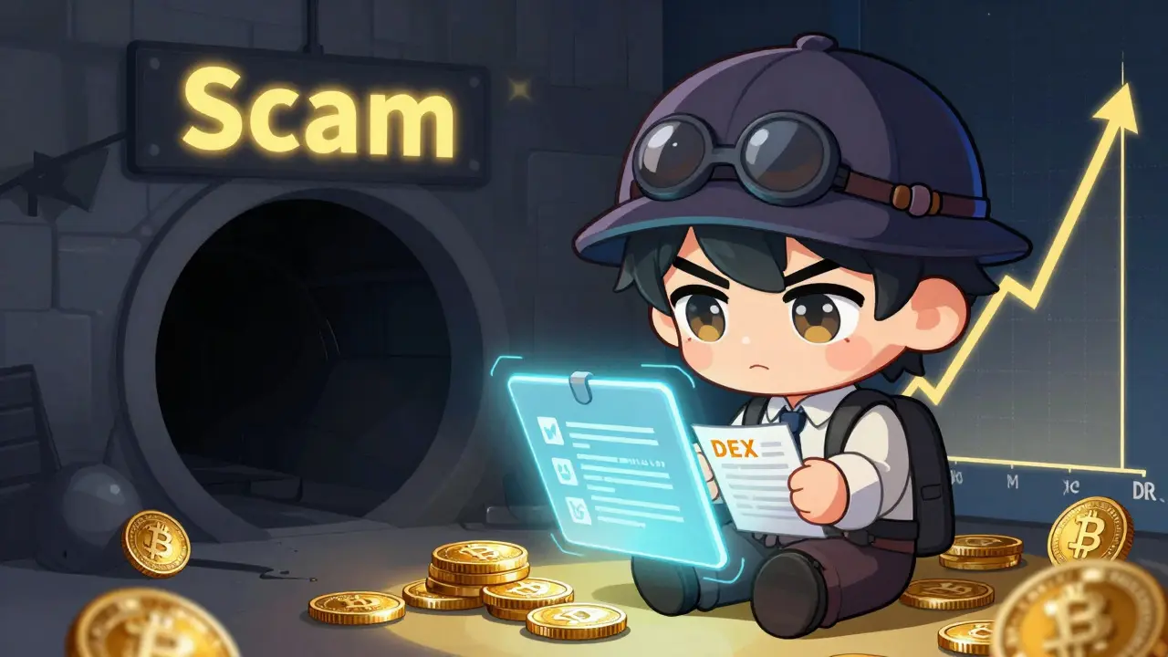 Chibi character verifying crypto contract address to avoid scams