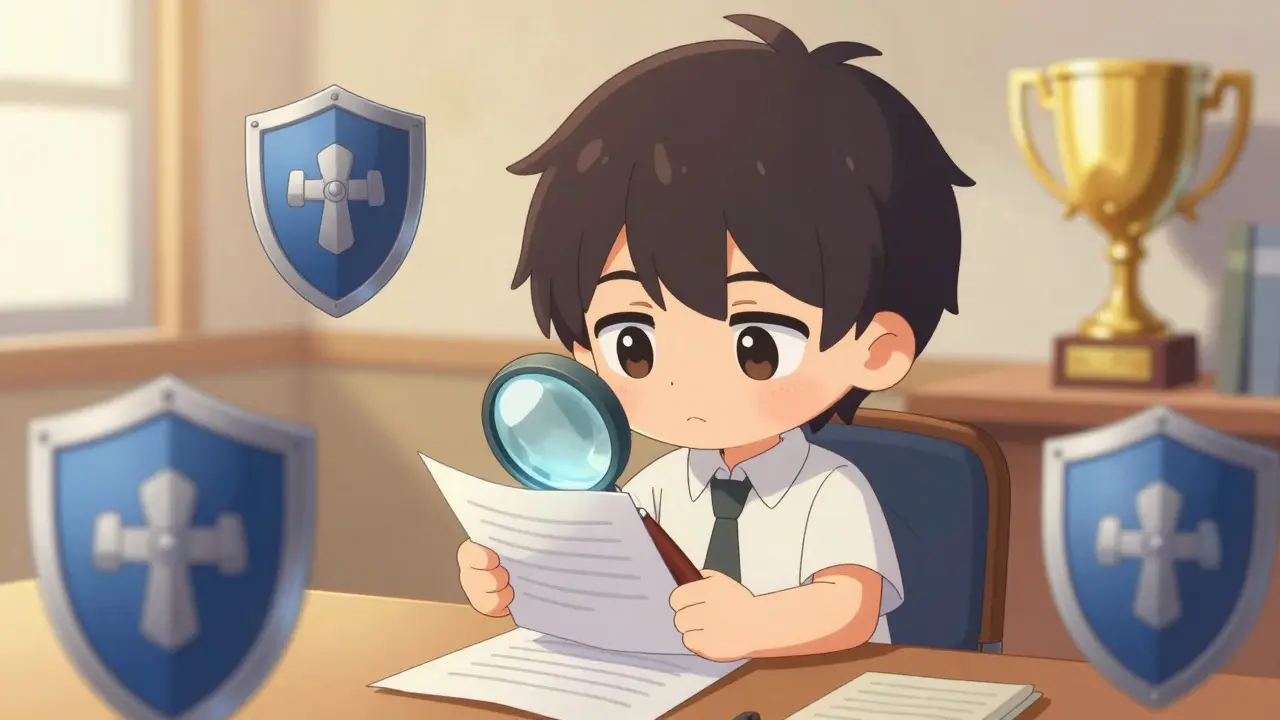 Chibi character verifying information with a magnifying glass and security shields
