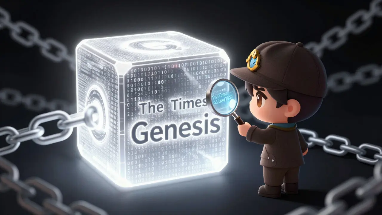 Chibi detective examining glowing genesis block with magnifying glass