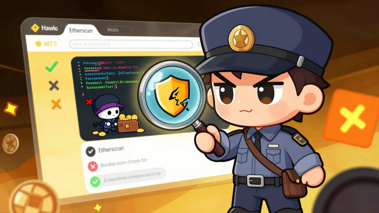 Chibi detective inspecting fake crypto site for security flaws
