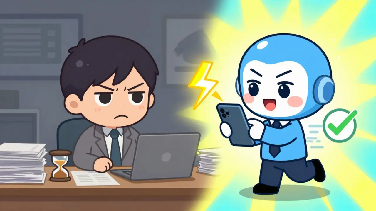 Chibi figures comparing slow paper work with fast digital verification