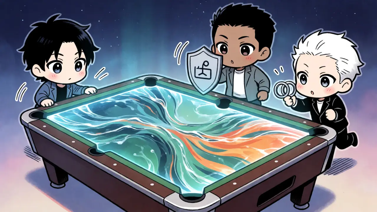 Chibi figures comparing staking and liquidity mining at a holographic pool