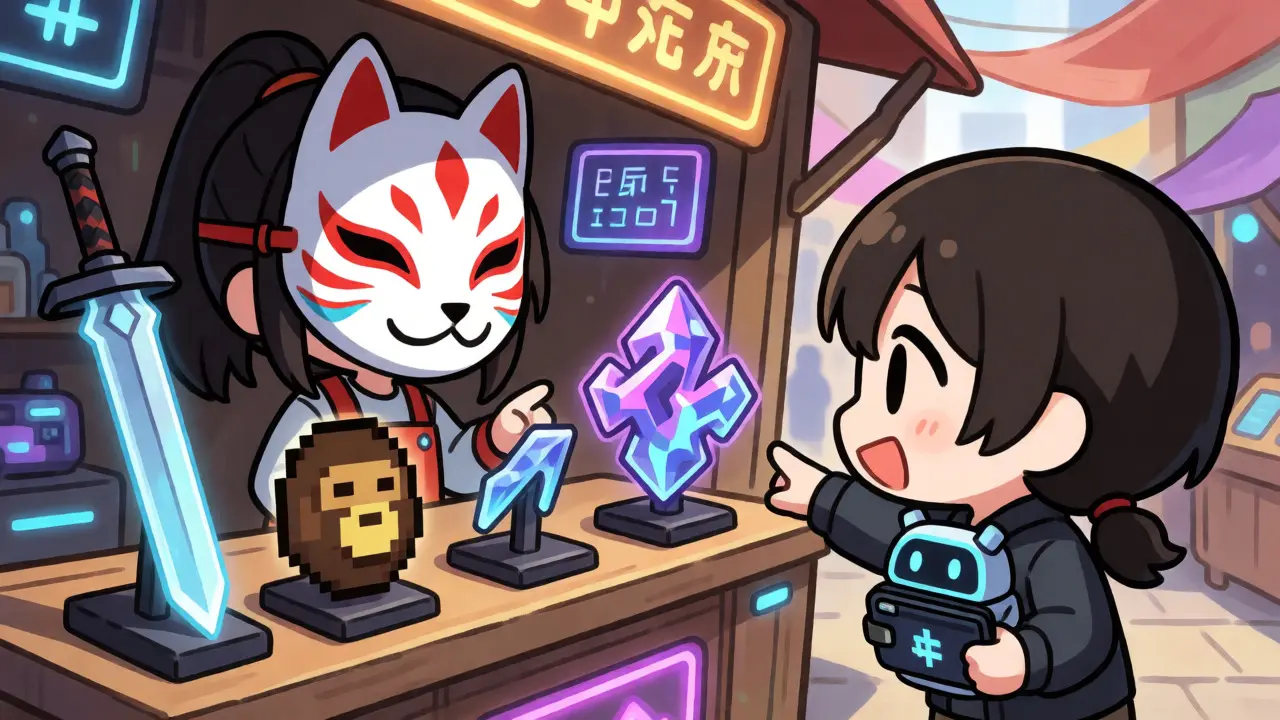Chibi figures trading unique digital items at a futuristic market