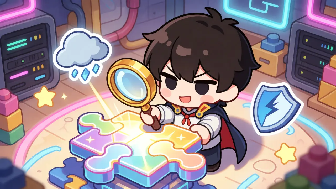 Chibi hero analyzing DeFi risks with a magnifying glass in a tech room