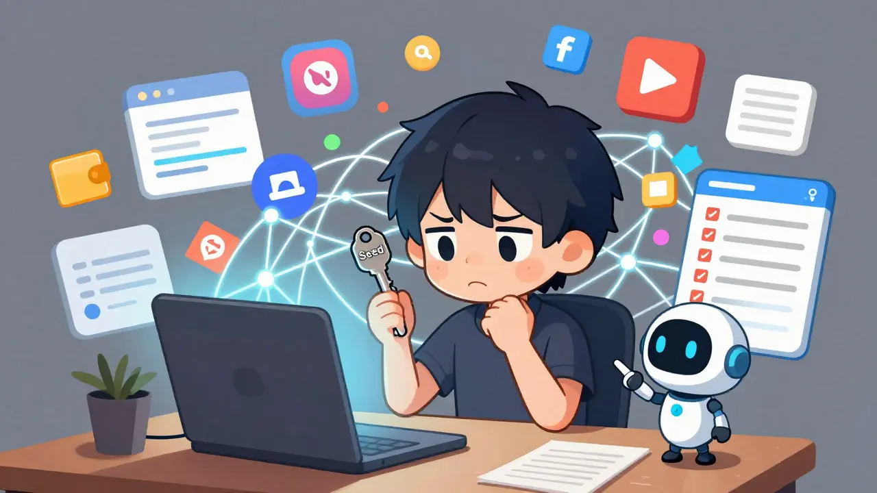 Confused chibi user navigating complex Web3 wallet setup and seed phrases