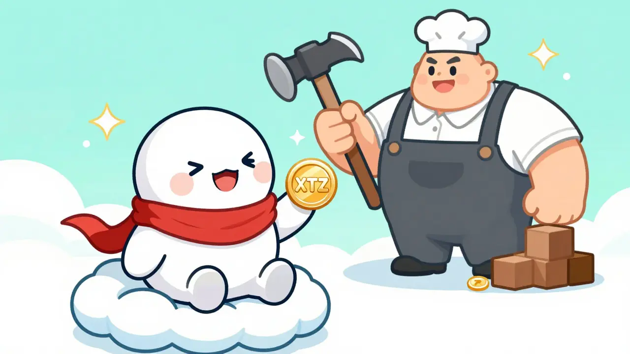 Cute chibi character easily delegating XTZ tokens on Tezos blockchain