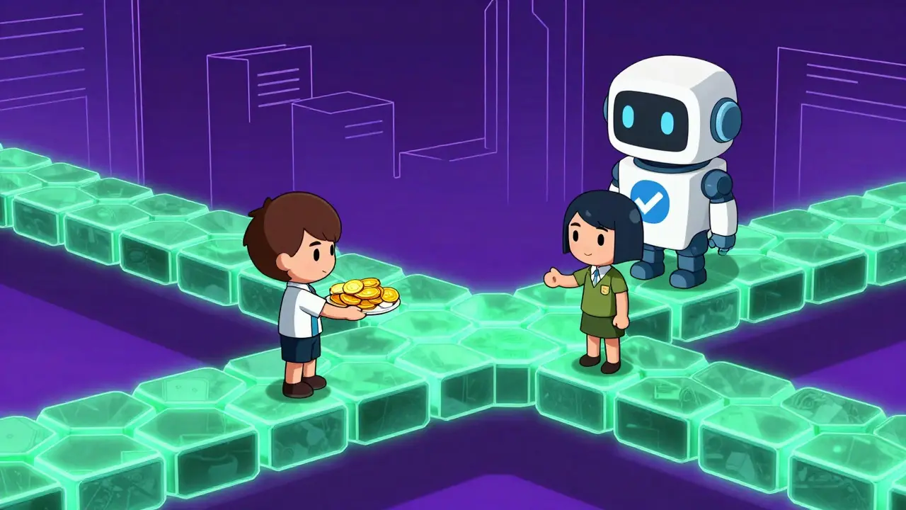 Cute chibi figures exchanging tokens on a glowing blockchain bridge