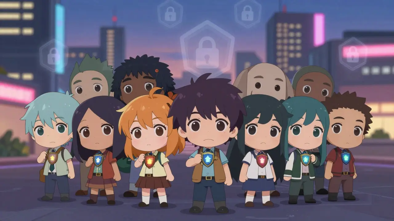 Group of chibi anime characters holding secure glowing tokens