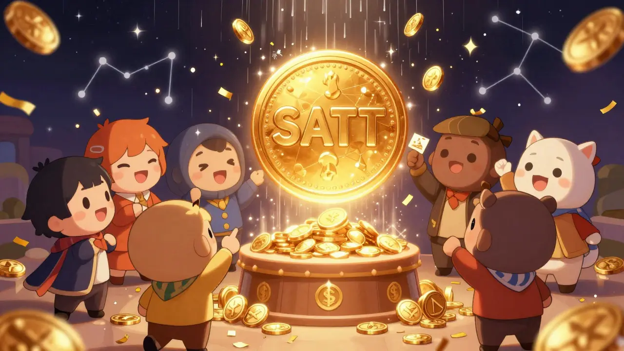 Group of chibi characters celebrating under falling coins and confetti