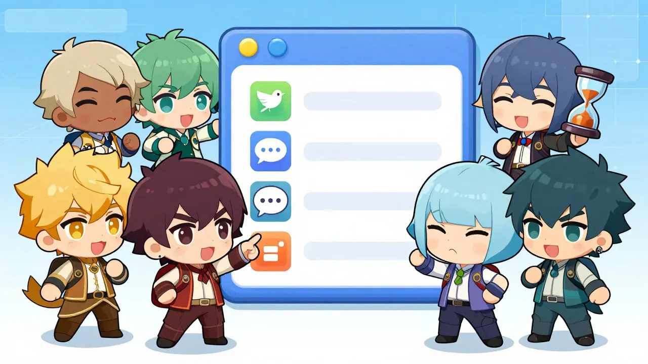 Group of chibi characters completing a quest board with task icons and timer