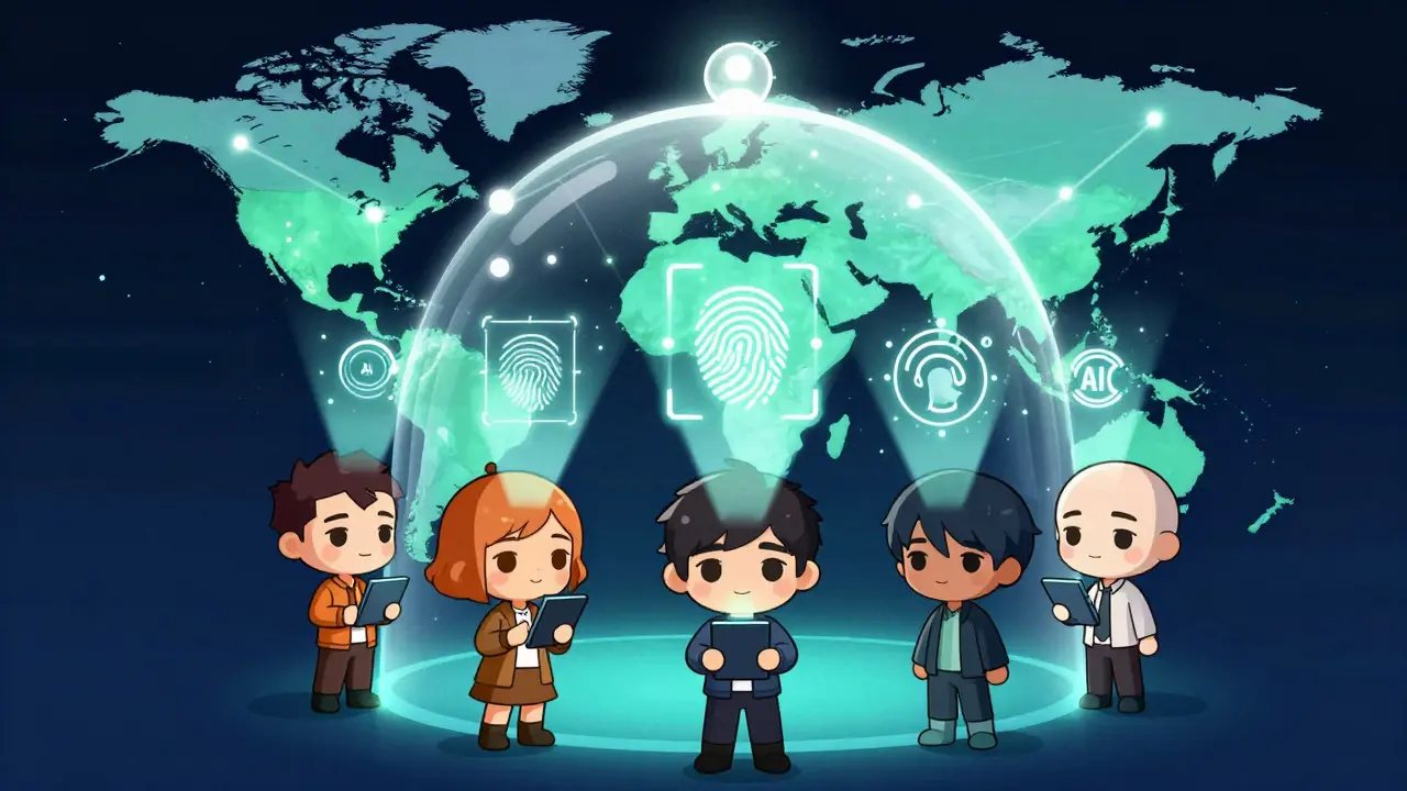 Group of chibi characters under a tech dome with global network links