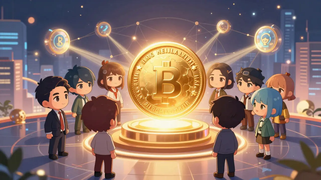 Group of chibi investors around a glowing central token in a futuristic city