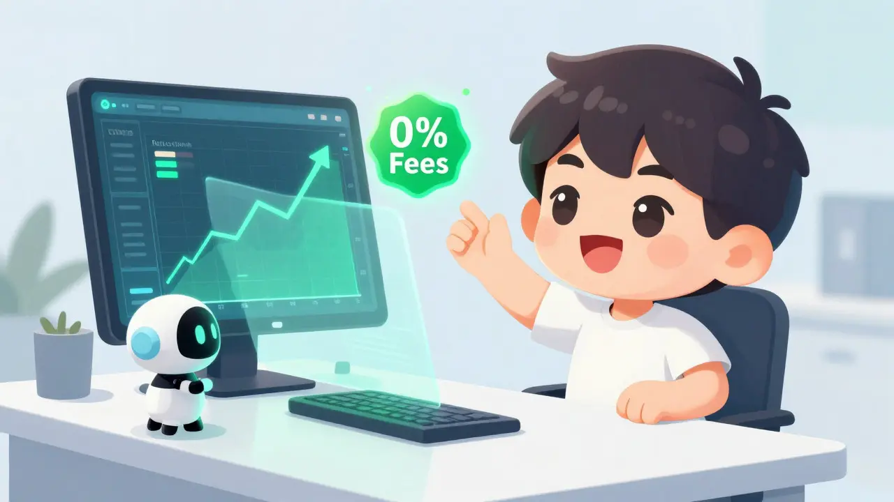 Happy chibi trader at a desk with holographic charts showing zero fees and green trends.