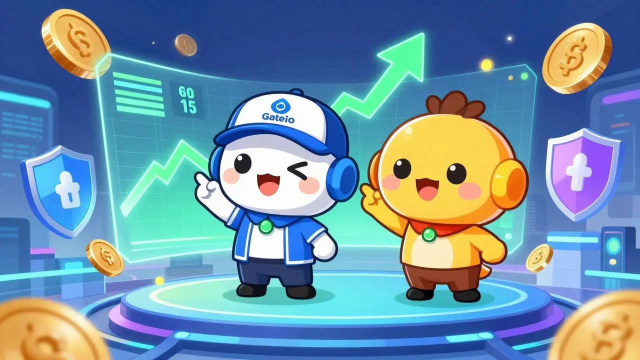 Happy chibi traders celebrating on safe platforms like Gate.io and KuCoin