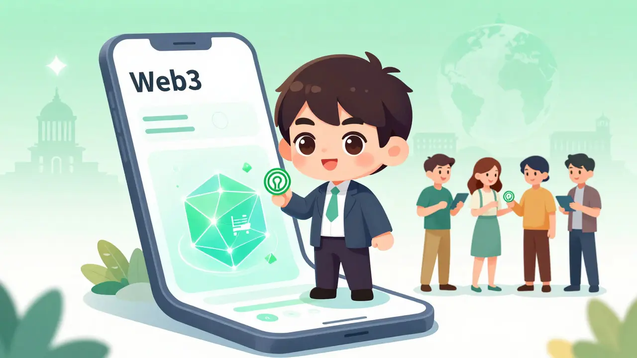 Happy chibi users using a seamless, hidden-blockchain banking app