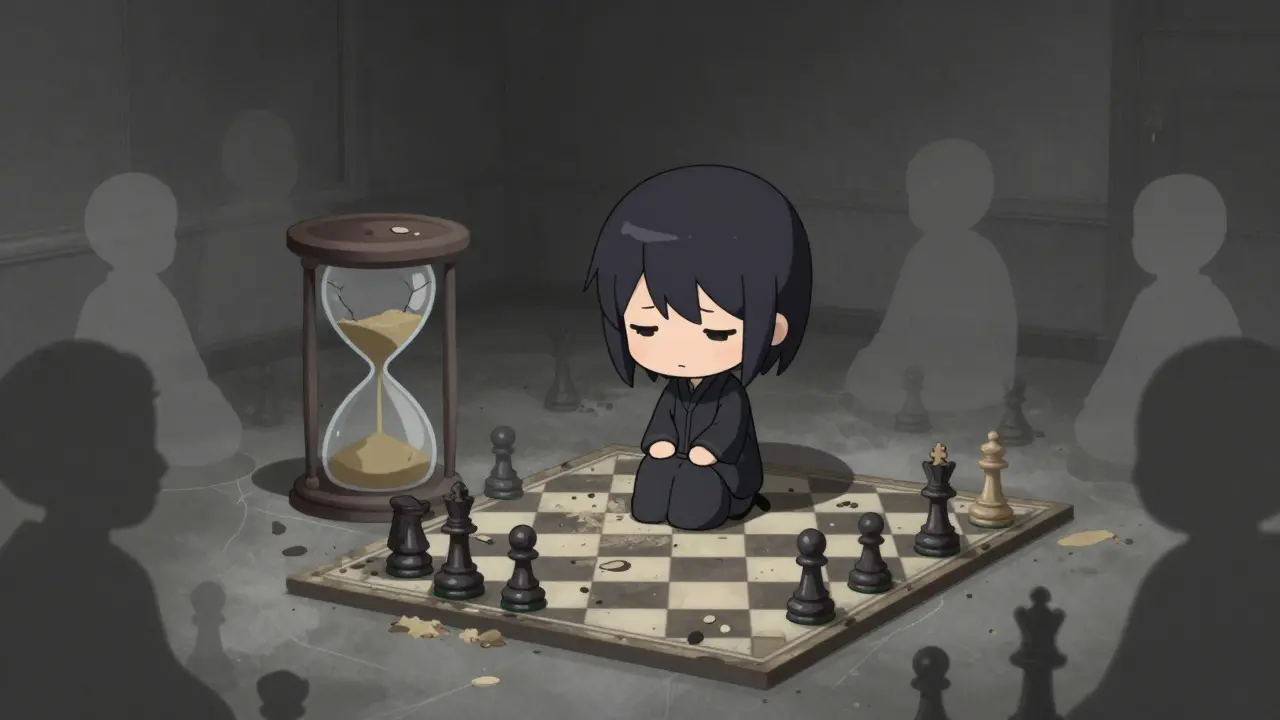 Sad chibi character sitting on abandoned dusty chessboard in dim room