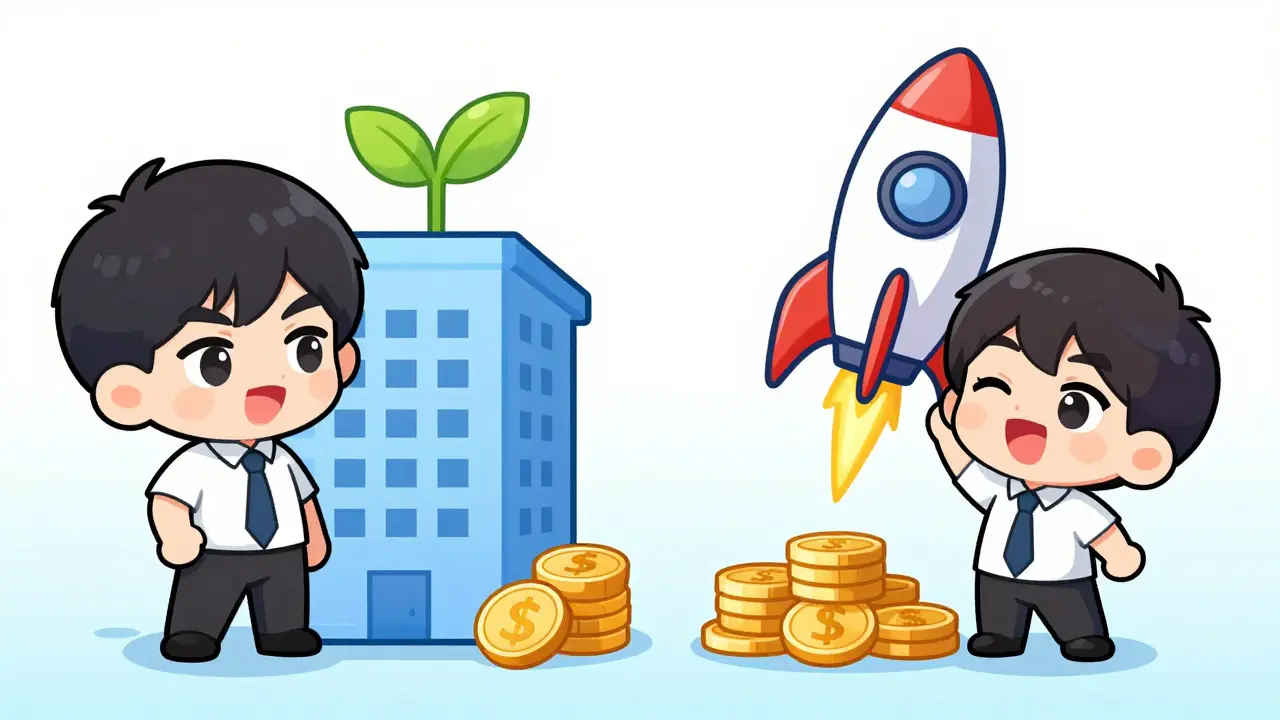 Split view of chibi characters comparing real estate and equity token concepts