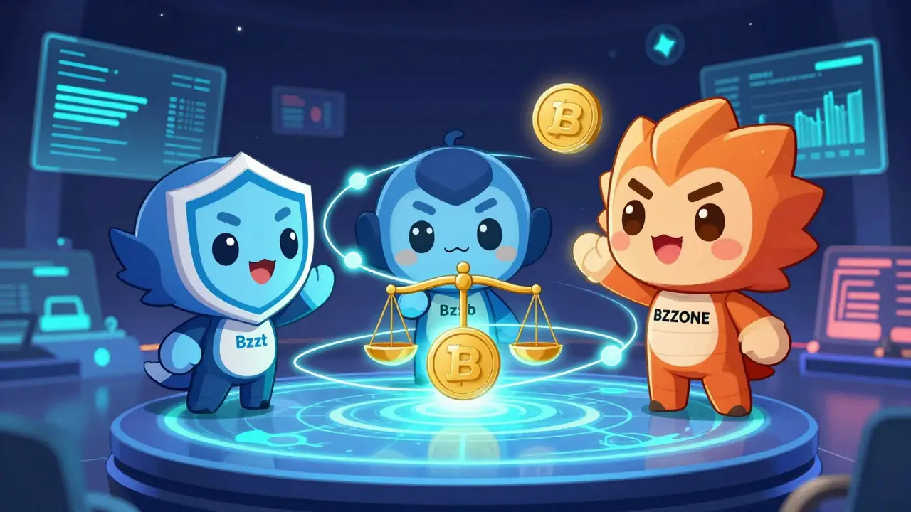 Three chibi characters representing Bzzt, Bzzb, and BZZONE tokens in a loop