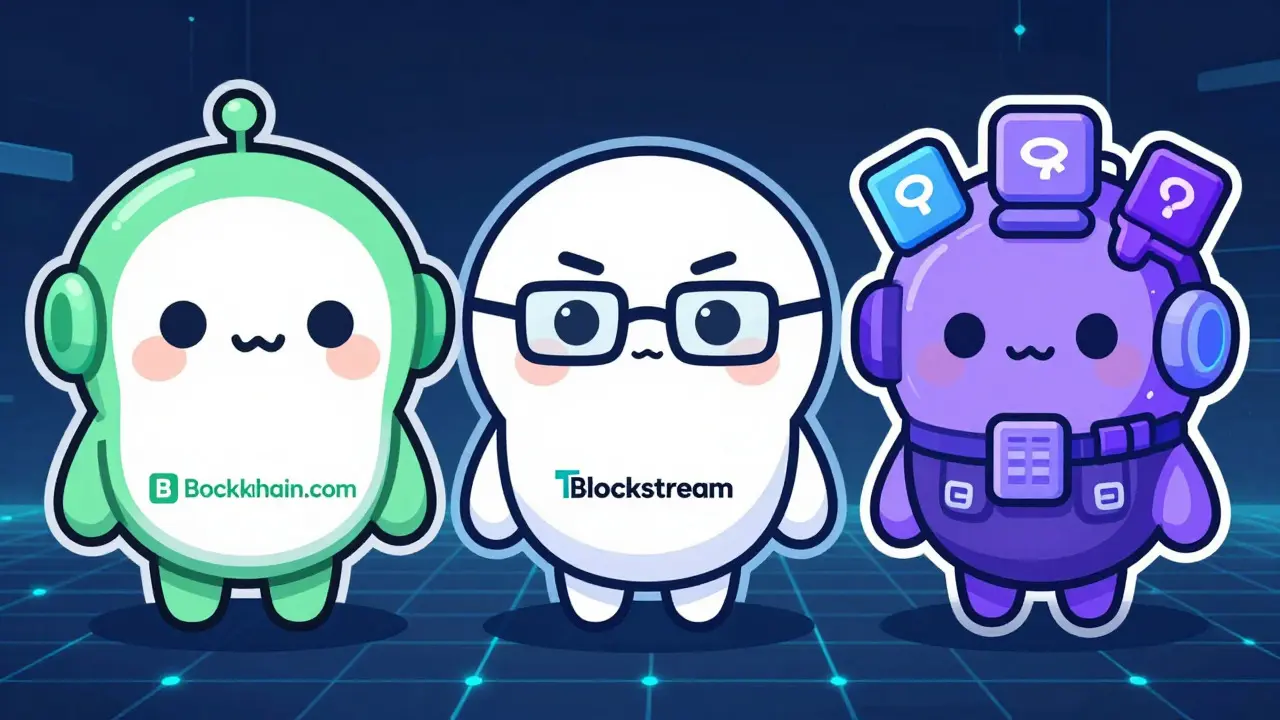 Three chibi mascots representing different block explorer styles