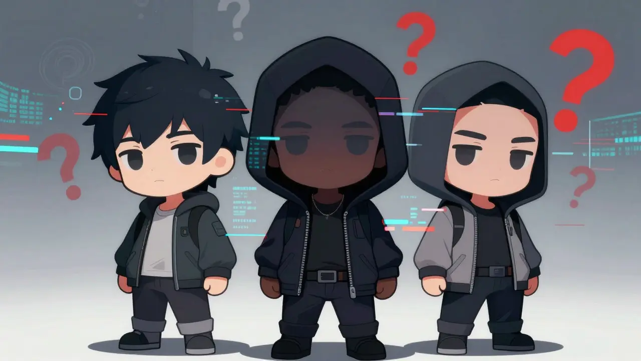 Three mysterious chibi figures with glitched faces representing anonymous project founders.