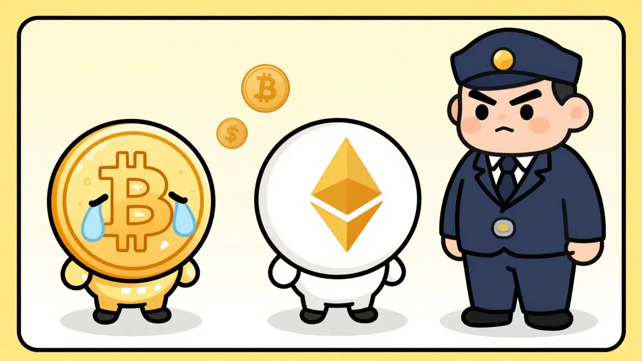 Two adorable chibi figures represent crypto assets; despite breaking even overall, they are shown paying taxes on individual gains, illustrating the loss offsetting trap.