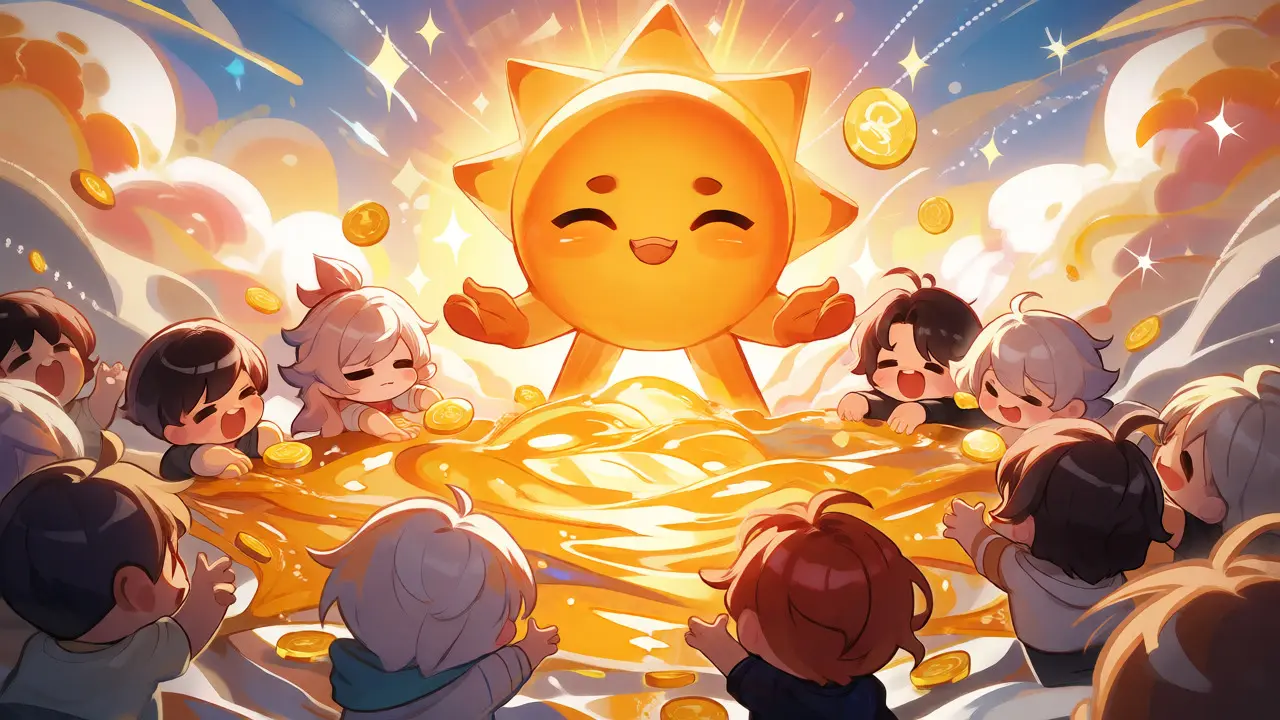 A chibi sun character acting as a central liquidity hub for happy network avatars.