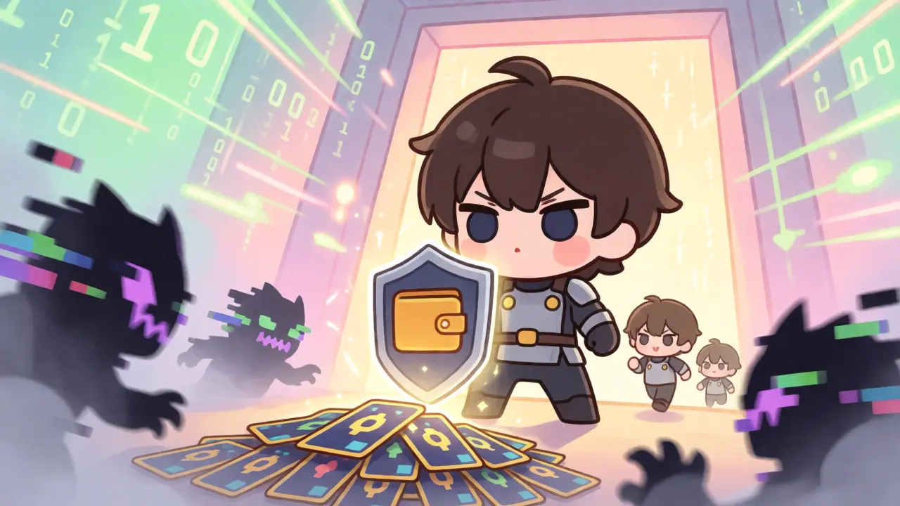 Anime guardian protecting NFT assets from digital scams and glitches