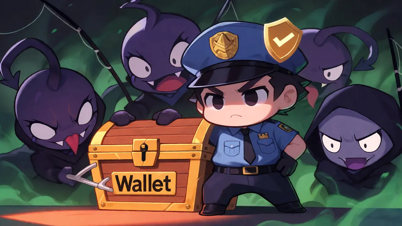 Chibi anime security guard protecting a crypto wallet treasure chest from phishing scam villains.