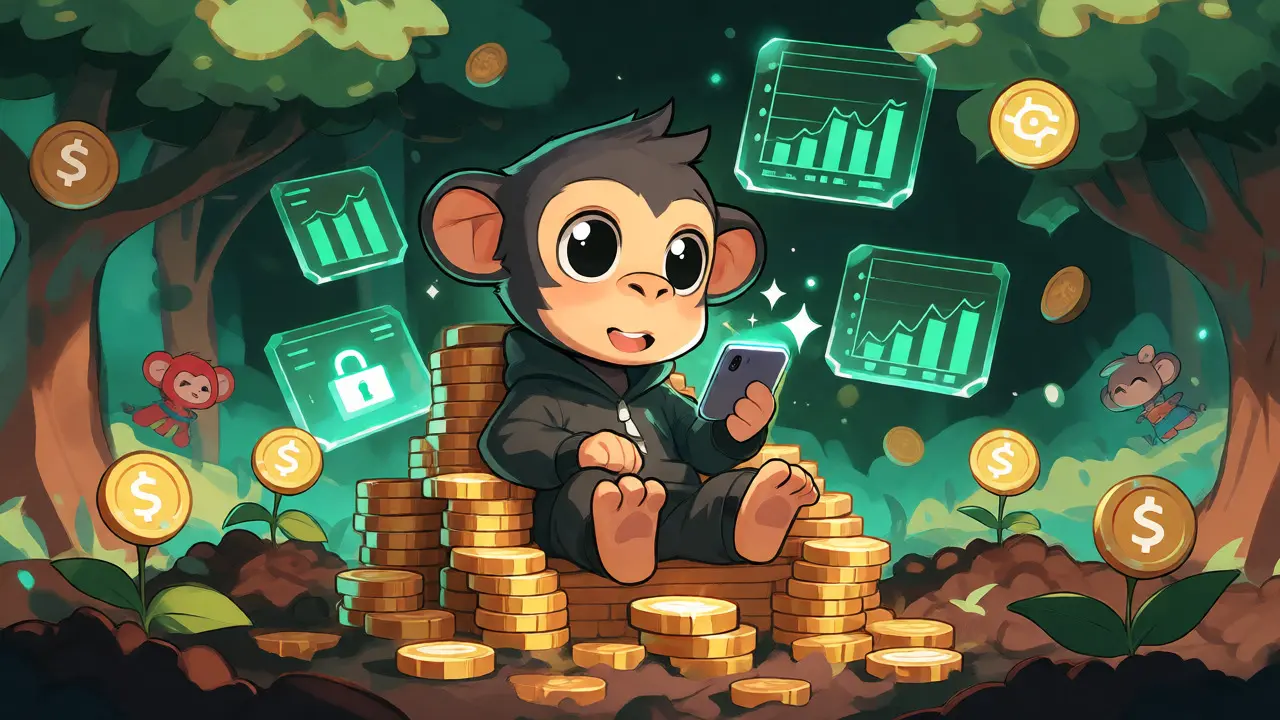 Chibi ape on coin throne with staking graphics and growing coins
