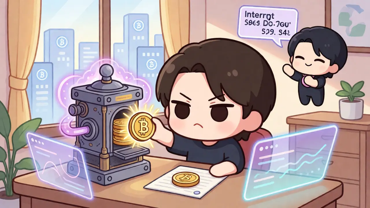 Chibi avatar minting DOC coins from rBTC in a digital interface.