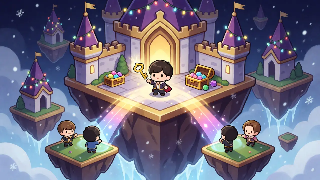 Chibi avatar owning a floating virtual land plot with passive income visuals