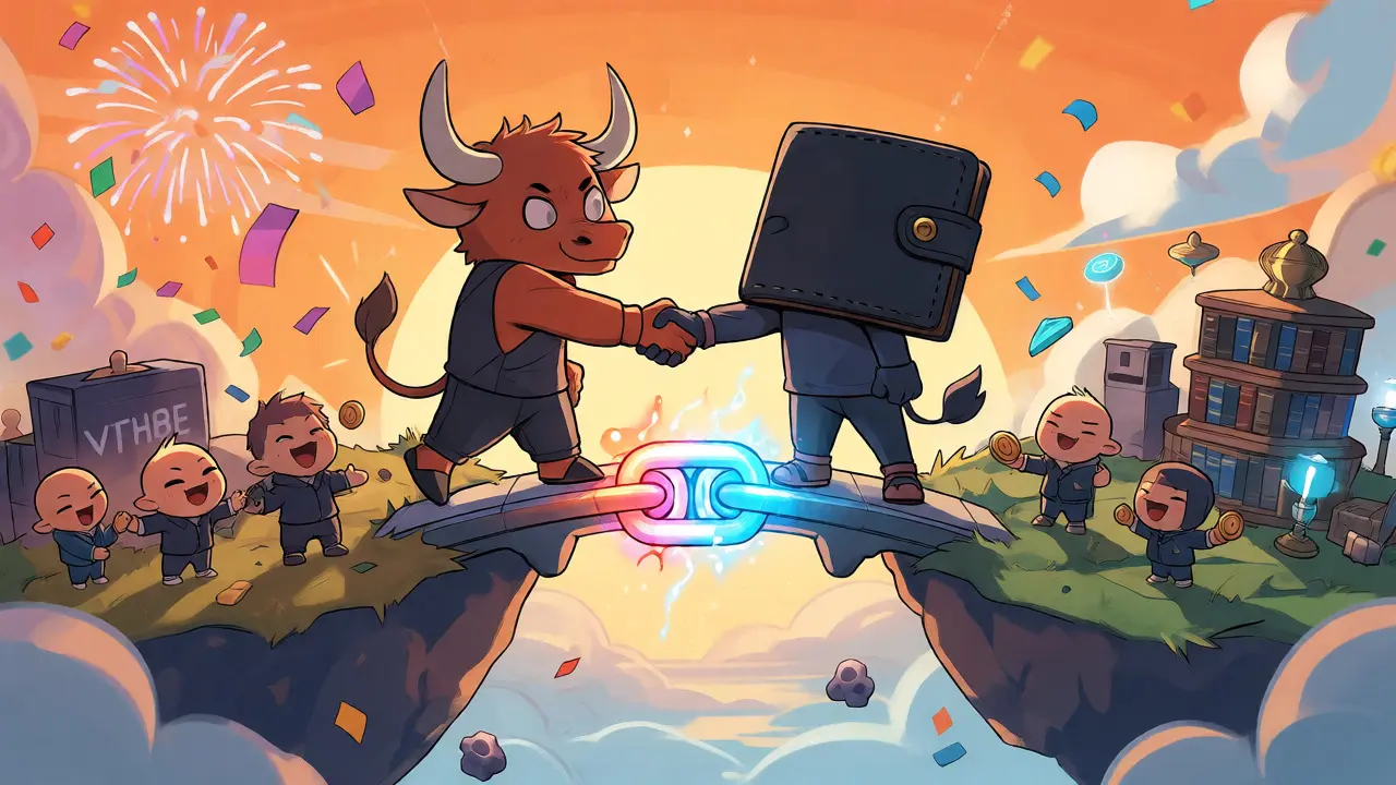 Chibi bull and wallet shaking hands on bridge between hype and utility