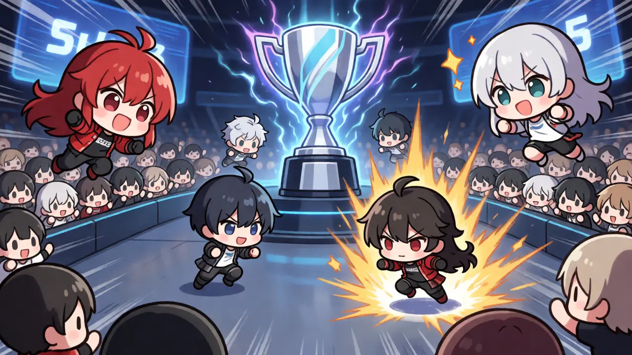 Chibi characters competing in a virtual Legends Circuit tournament arena