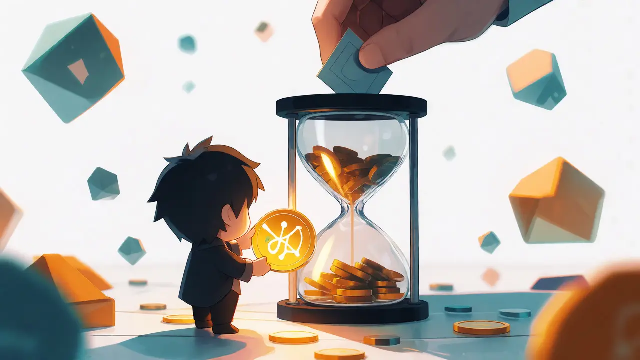 Chibi characters demonstrating token staking and governance