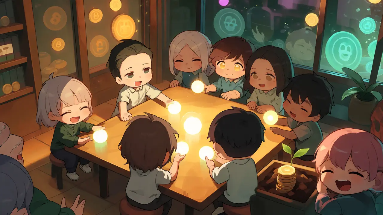 Chibi characters staking and farming in a digital club