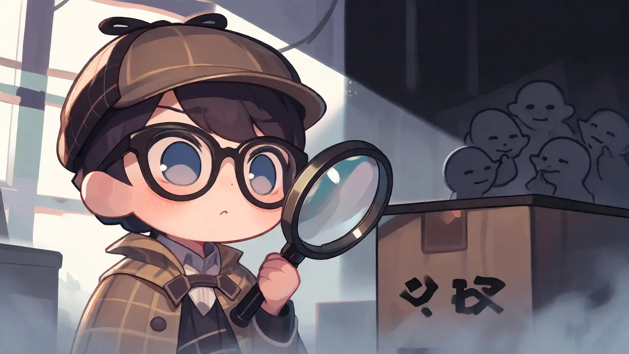 Chibi detective examining a mysterious foggy box amidst skeptical shadows