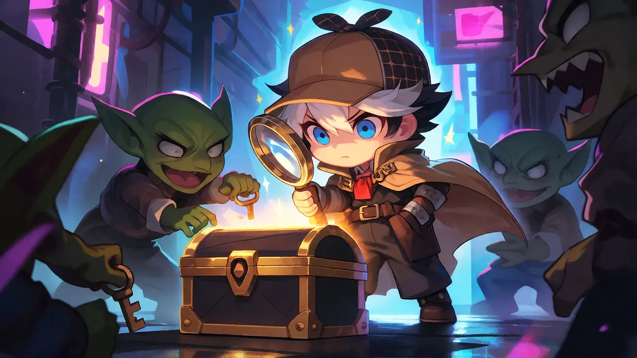 Chibi detective protecting a glowing crypto treasure chest from sneaky scammer goblins.