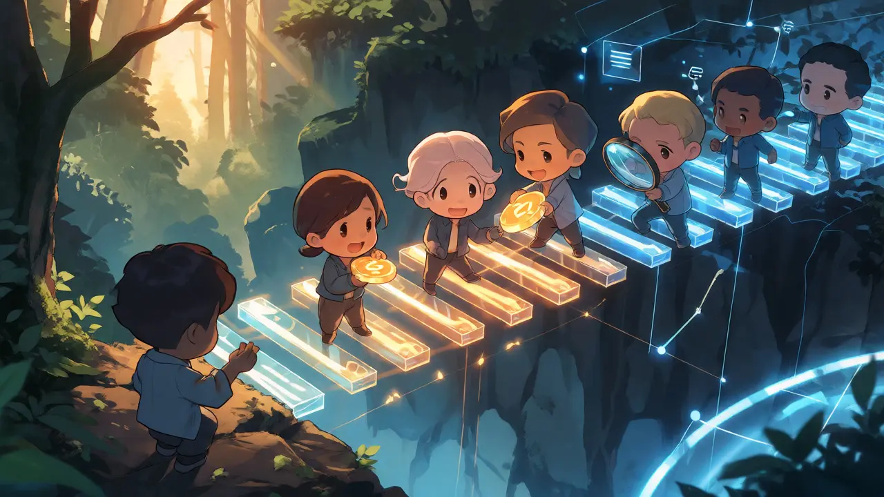 Chibi figures building a light bridge from forest to digital network