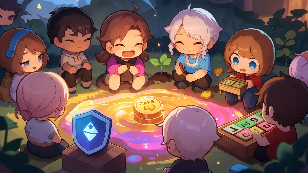 Chibi group farming CAKE tokens in secure pool