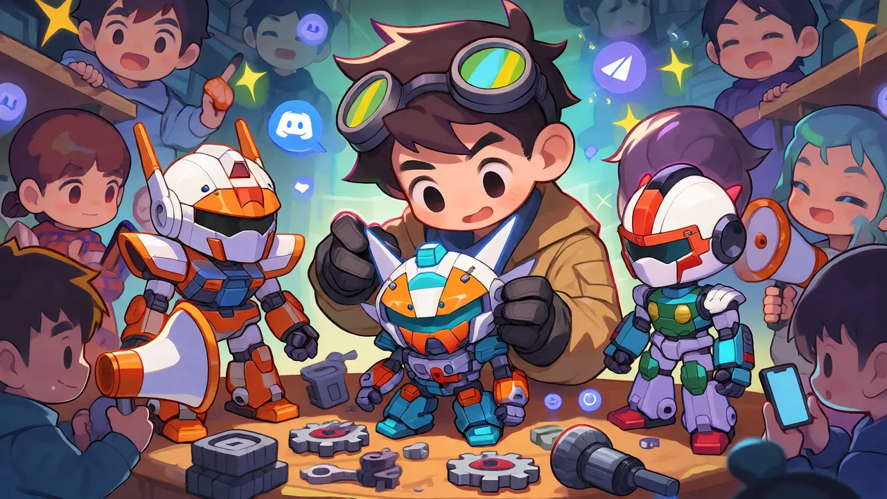 Chibi inventor building a robot while community members engage nearby.