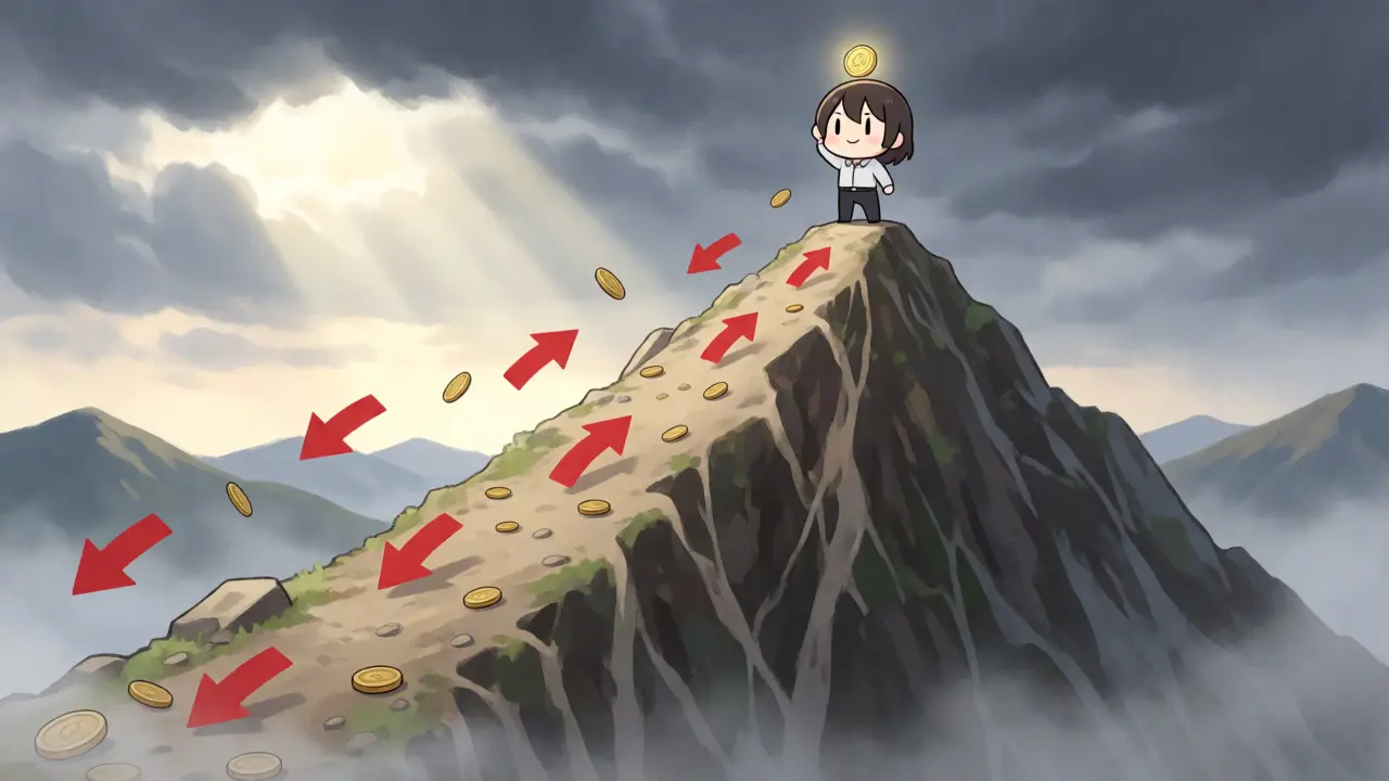 Chibi investor holding token on a steep price drop chart