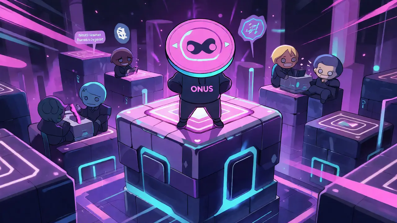 Chibi mascot overlooking a bustling, futuristic blockchain trading ecosystem.