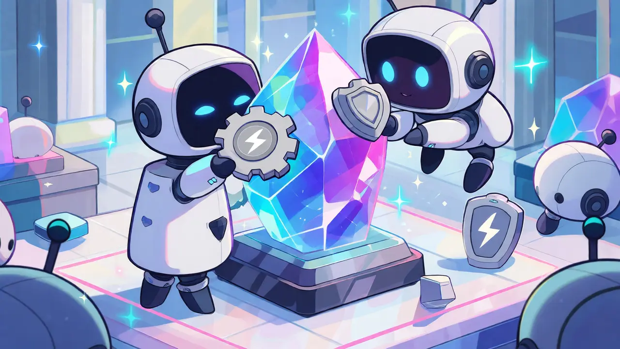 Chibi robots assembling modular hooks onto a crystal AMM pool