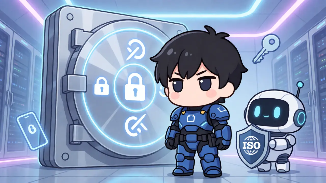 Chibi security guard protecting a crypto vault with ISO badges