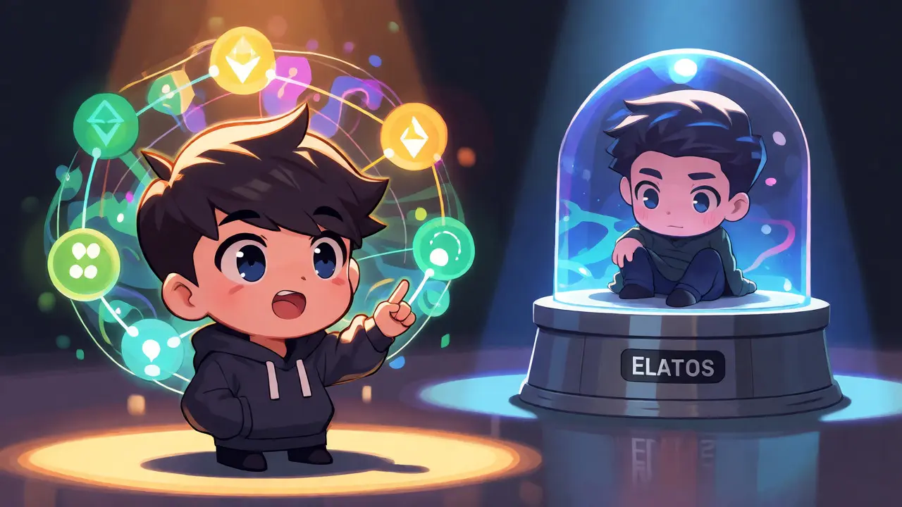 Chibi trader interacting with DeFi pools versus a secure figure in a dome