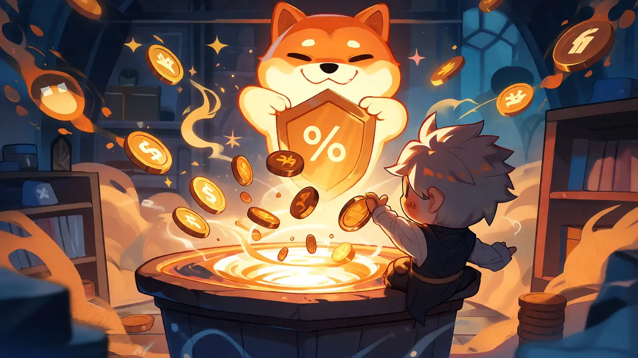 Chibi trader swapping coins with Shiba Inu spirit guide