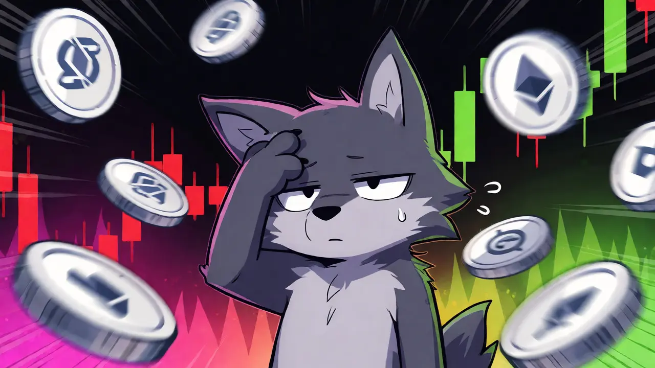 Confused chibi wolf surrounded by chaotic crypto coins and volatile charts.