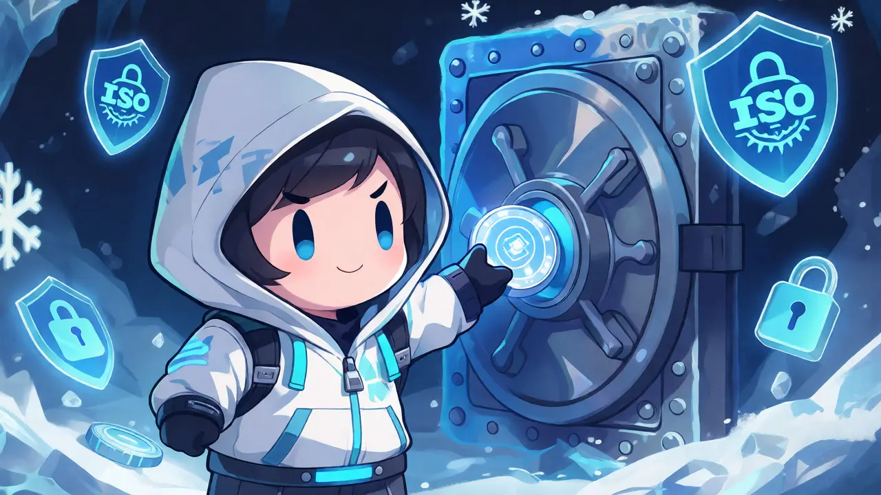 Cute anime figure placing digital coins into an icy cold storage vault for security.
