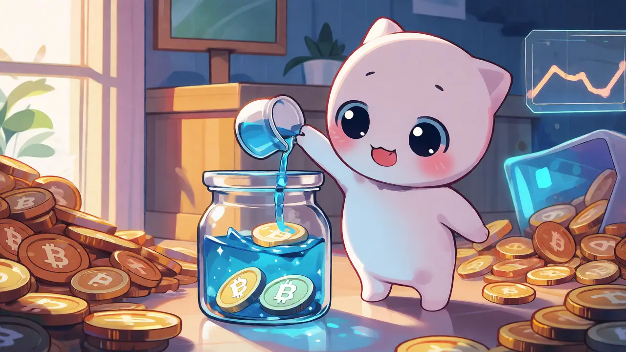 Cute chibi mascot carefully pouring water to stabilize floating crypto coins, preventing chaos.